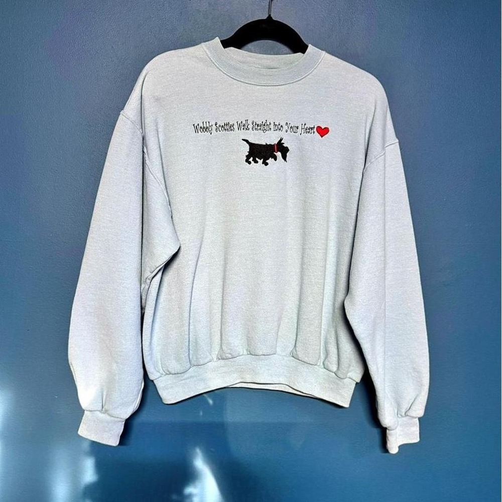 Vintage 90s Dog Sweatshirt Women's Size Medium Blue Scotties Embroidered Retro